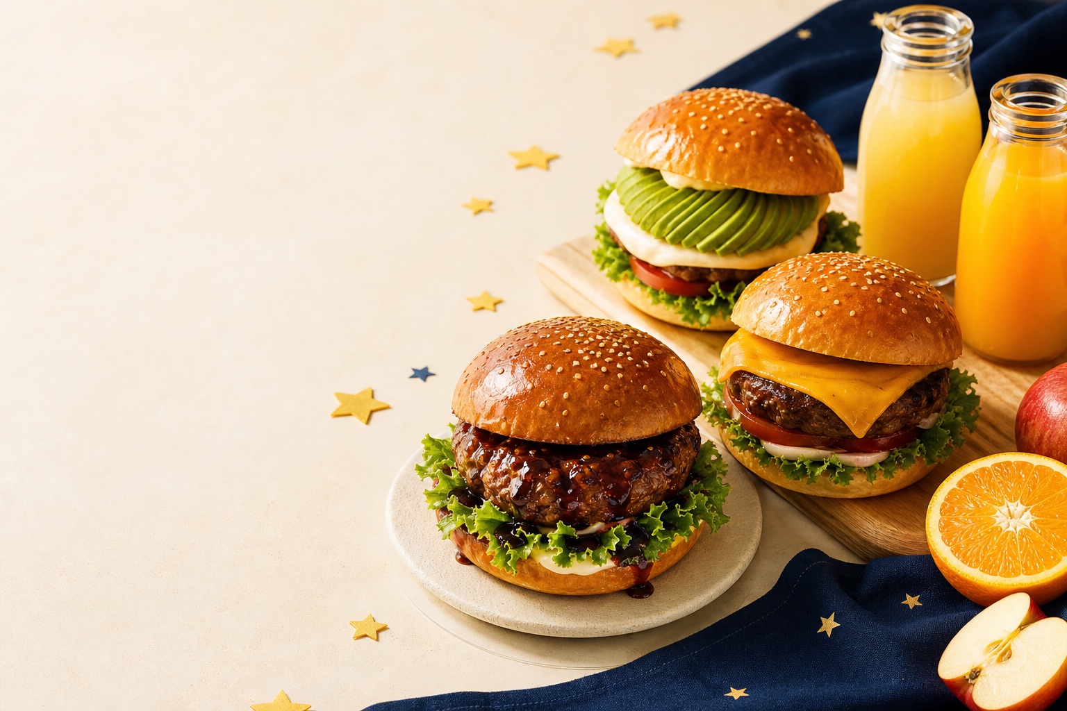 でりやき、チーズ、アボカドの3種類のバーガーとフルーツジュース