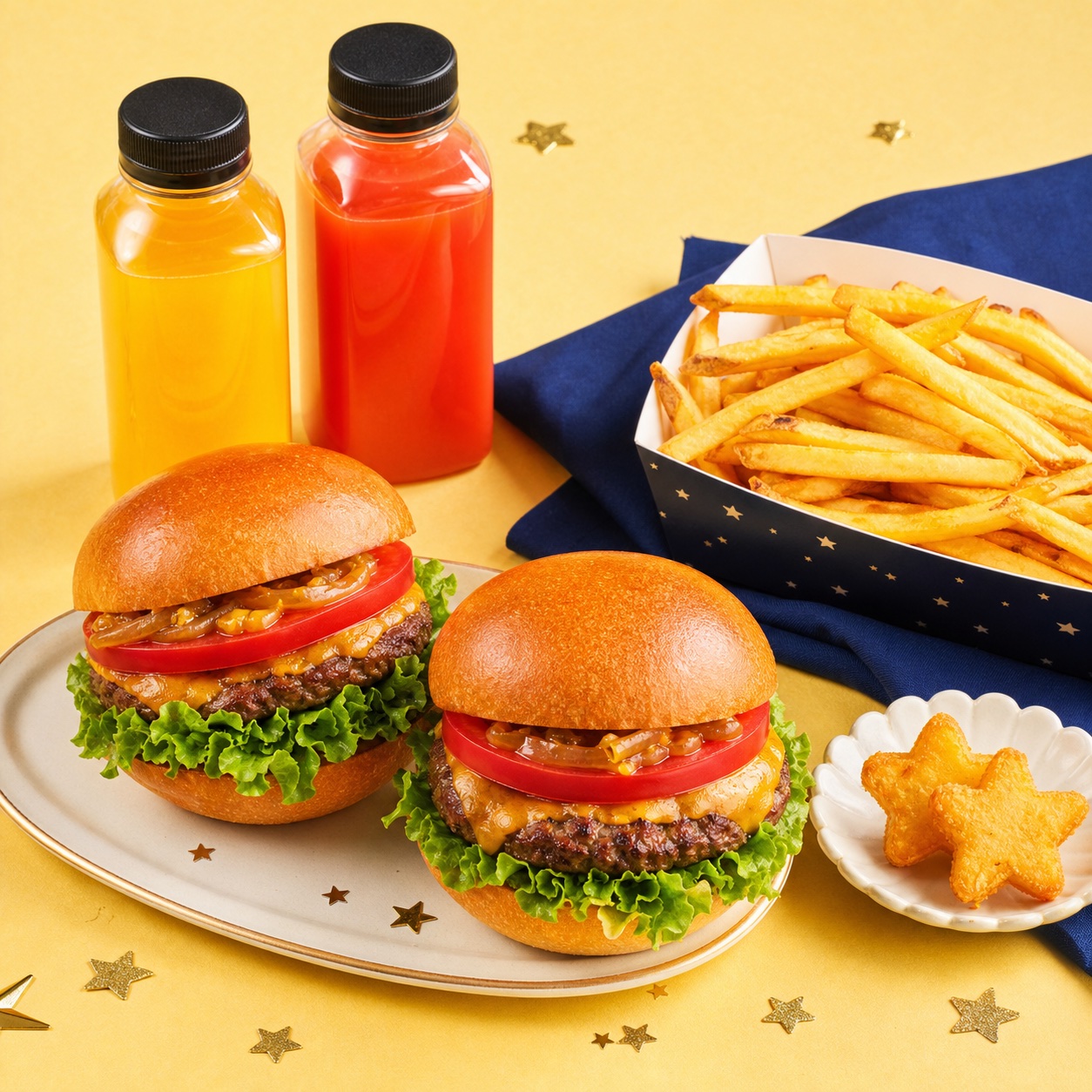 バーガー2個、ポテト、ジュースを盛り合わせた七夕限定セット